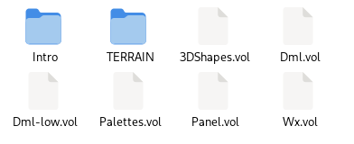 The `Art` directory in Kid Pilot's files: a directory named `Intro`, a directory named `TERRAIN`, and files named: `3DShapes.vol`, `Dml.vol`, `Dml-low.vol`, `Palettes.vol`, `Panel.vol`, `Wx.vol`