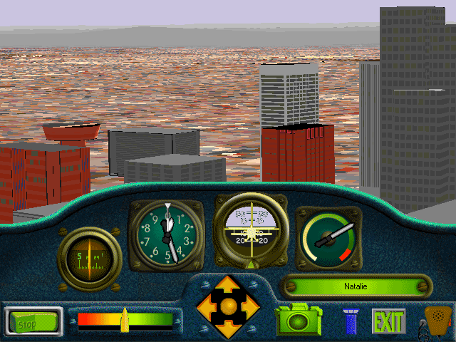 Screenshot of Kid Pilot. Flying around a low-poly 1998 version of downtown Phoenix, Arizona's skyline.